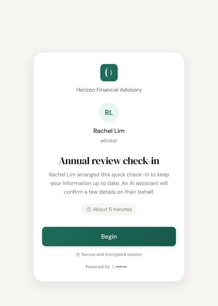 Wealthmate voice session landing page showing client due diligence interface